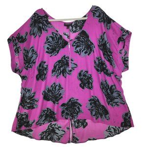 Lane Bryant Purple Gray Floral Top Size 26/28 Dolman Sleeve Front Zip Shirt-Tail